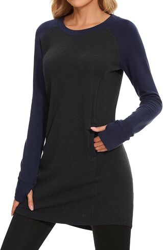 Lightbare Women’s Fleece Long Sleeve Dress Thermal Pullover Crew Neck Tunic Sweatshirt Dress with Pocket Winter Dresses in Kuwait