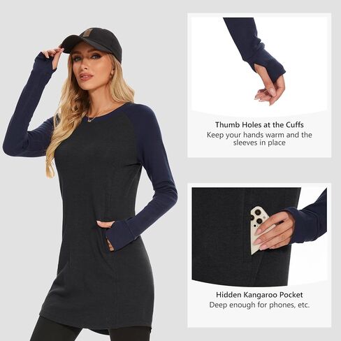 Lightbare Women’s Fleece Long Sleeve Dress Thermal Pullover Crew Neck Tunic Sweatshirt Dress with Pocket Winter Dresses in Kuwait