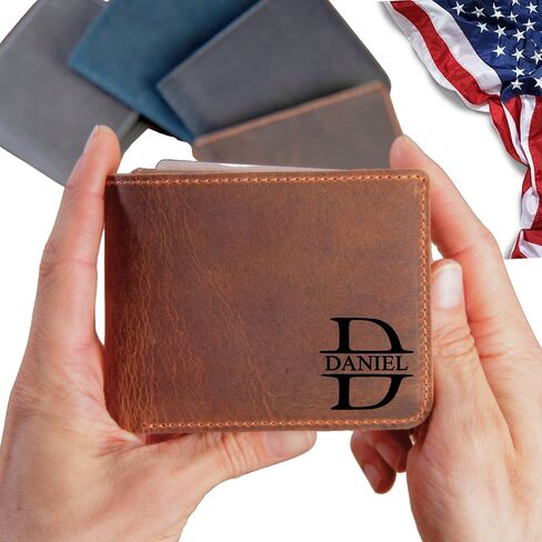 Personalized Leather Wallet for Men – Engraved Name or Initial, Custom Monogram in 5 Colors & 6 Designs – Ideal Gift for Husband, Dad, Boyfriend, Wedding, Anniversary, or Birthday, Gifts for Man in Saudi Arabia