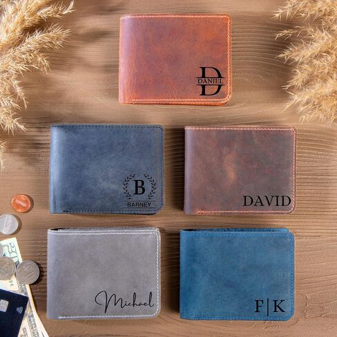 Personalized Leather Wallet for Men – Engraved Name or Initial, Custom Monogram in 5 Colors & 6 Designs – Ideal Gift for Husband, Dad, Boyfriend, Wedding, Anniversary, or Birthday, Gifts for Man in Saudi Arabia