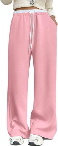 Hesayep للنساء الساق الواسعة الساق العرق عالي الخصر سراويل عرق فضفاضة الساق مستقيمة الساق الساق مرنة الخصر مع جيوب in Kuwait