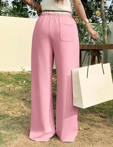 Hesayep للنساء الساق الواسعة الساق العرق عالي الخصر سراويل عرق فضفاضة الساق مستقيمة الساق الساق مرنة الخصر مع جيوب in Kuwait