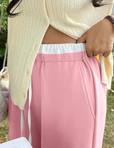 Hesayep للنساء الساق الواسعة الساق العرق عالي الخصر سراويل عرق فضفاضة الساق مستقيمة الساق الساق مرنة الخصر مع جيوب in Kuwait