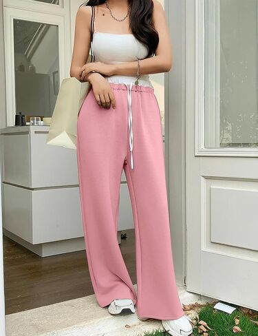 Hesayep للنساء الساق الواسعة الساق العرق عالي الخصر سراويل عرق فضفاضة الساق مستقيمة الساق الساق مرنة الخصر مع جيوب in Kuwait