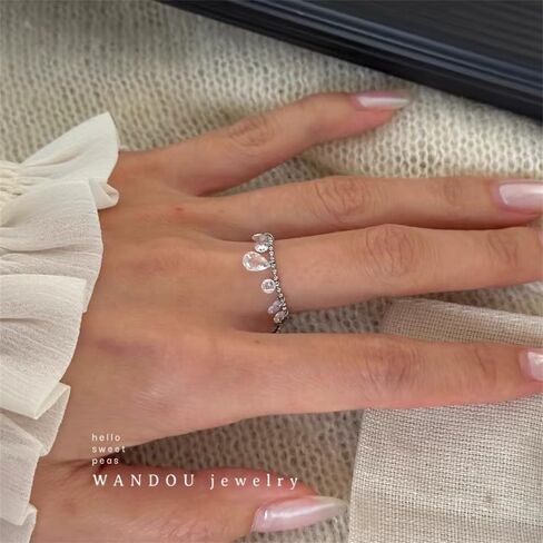 Kokoma Tassel Crystal Dangling Beads Link Chain Ring for Women Stainless Steel Teardrop Statement Rings Stacking Finger Band Fashion Jewelry in Saudi Arabia