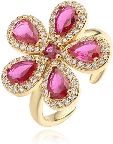 Dainty Pink CZ Flower Adjustable Open Rings for Women Sparkly Crystal Cubic Zirconia Floral 18k Gold Plated Statement Finger Band Engagement Promise Ring Comfort Fit Trendy Jewelry in Saudi Arabia