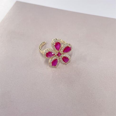 Dainty Pink CZ Flower Adjustable Open Rings for Women Sparkly Crystal Cubic Zirconia Floral 18k Gold Plated Statement Finger Band Engagement Promise Ring Comfort Fit Trendy Jewelry in Saudi Arabia