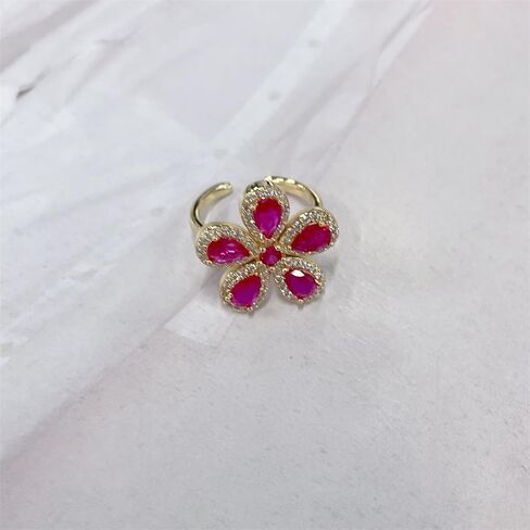 Dainty Pink CZ Flower Adjustable Open Rings for Women Sparkly Crystal Cubic Zirconia Floral 18k Gold Plated Statement Finger Band Engagement Promise Ring Comfort Fit Trendy Jewelry in Saudi Arabia
