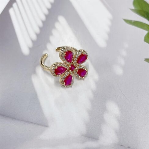 Dainty Pink CZ Flower Adjustable Open Rings for Women Sparkly Crystal Cubic Zirconia Floral 18k Gold Plated Statement Finger Band Engagement Promise Ring Comfort Fit Trendy Jewelry in Saudi Arabia