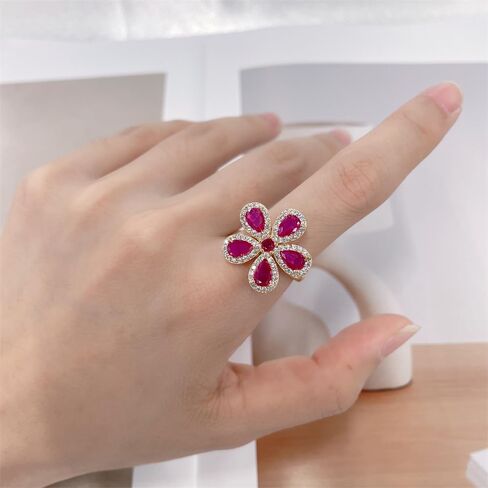 Dainty Pink CZ Flower Adjustable Open Rings for Women Sparkly Crystal Cubic Zirconia Floral 18k Gold Plated Statement Finger Band Engagement Promise Ring Comfort Fit Trendy Jewelry in Saudi Arabia