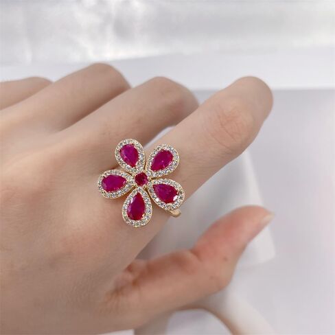 Dainty Pink CZ Flower Adjustable Open Rings for Women Sparkly Crystal Cubic Zirconia Floral 18k Gold Plated Statement Finger Band Engagement Promise Ring Comfort Fit Trendy Jewelry in Saudi Arabia