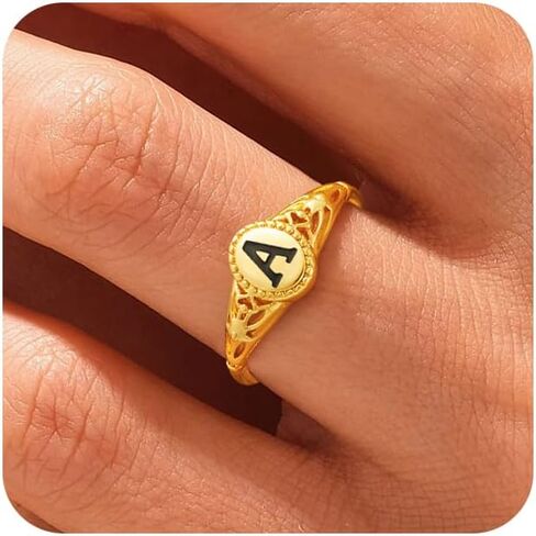 Honsny Dainty Initial Rings For Women Vintage 14k Gold Plated Chunky Gold Rings Non Tarnish Hypoallergenic Gold Stackable Rings For Mother Daughter Birthday Jewelry Gifts Size 6-10 in Kuwait