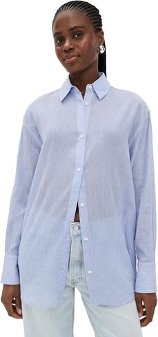 ANINE BING Women's Blue and White Mini Stripe Plaza Shirt in Saudi Arabia