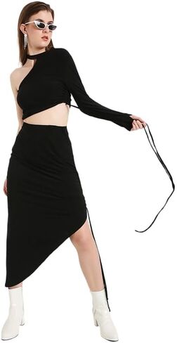 MARCEL & MAE Women's Asymmetrical Ruched Midi Skirt | High Waist Drawstring Skirt with Flattering Slim Fit Design in Saudi Arabia