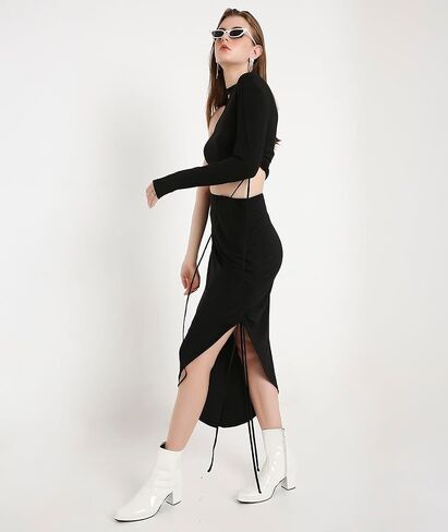 MARCEL & MAE Women's Asymmetrical Ruched Midi Skirt | High Waist Drawstring Skirt with Flattering Slim Fit Design in Saudi Arabia