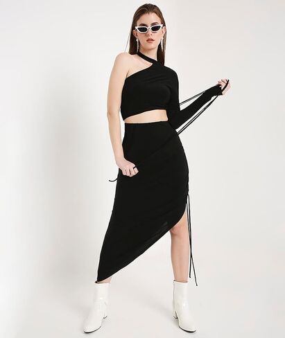 MARCEL & MAE Women's Asymmetrical Ruched Midi Skirt | High Waist Drawstring Skirt with Flattering Slim Fit Design in Saudi Arabia