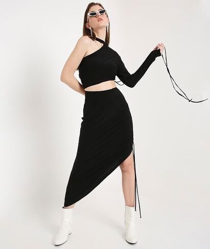 MARCEL & MAE Women's Asymmetrical Ruched Midi Skirt | High Waist Drawstring Skirt with Flattering Slim Fit Design in Saudi Arabia