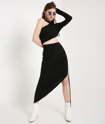 MARCEL & MAE Women's Asymmetrical Ruched Midi Skirt | High Waist Drawstring Skirt with Flattering Slim Fit Design in Saudi Arabia