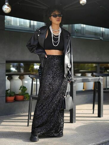 Jumisee Women's Silver Severy Midi Skirt stretcy High Jeist Long Skirt Glitter Pencil Skirt for Night Out Party in Saudi Arabia