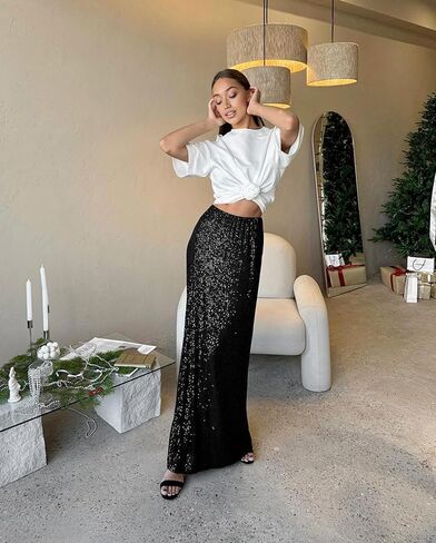Jumisee Women's Silver Severy Midi Skirt stretcy High Jeist Long Skirt Glitter Pencil Skirt for Night Out Party in Saudi Arabia