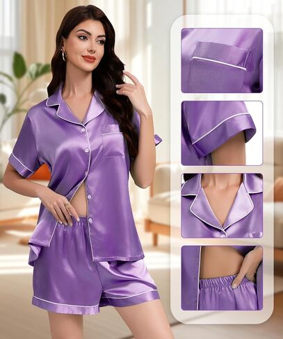 Maxbee Silk Satin Pajama Short Set for women, 2 Piece Silk Pjs Shorts for Summer, Button Down Pajama Sets Pj Sets in Kuwait