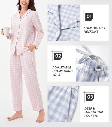 DAVID ARCHY 100% Cotton Pajamas for Women Soft 2 Piece Plaid PJS Sleepwear Loungewear Sets for Women Button Long Sleeve in Saudi Arabia