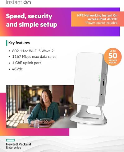 نقطة وصول فورية للشبكات من HPE AP11D 2x2 WiFi 5 نقطة وصول لاسلكية داخلية مع وصلة علوية و3 منافذ محلية | مصدر الطاقة متضمن | الموديل الأمريكي (R3J25A) in Kuwait