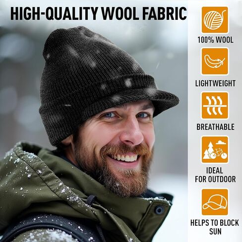 Genuine G.I. Winter Beanie Cap with Visor, 100% Knitted Wool, Double-Layer Winter Hat, Made in USA in Kuwait