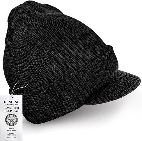 Genuine G.I. Winter Beanie Cap with Visor, 100% Knitted Wool, Double-Layer Winter Hat, Made in USA in Kuwait
