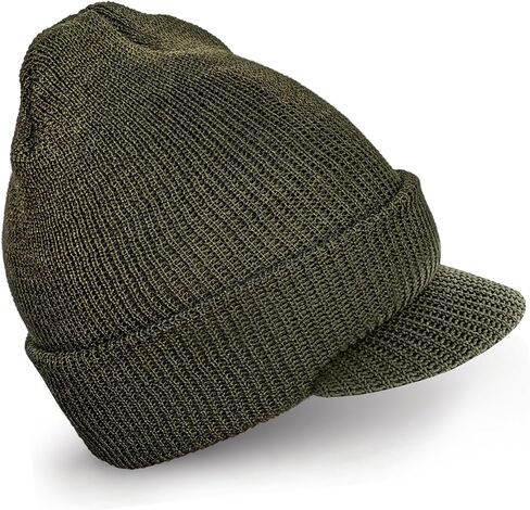 Genuine G.I. Winter Beanie Cap with Visor, 100% Knitted Wool, Double-Layer Winter Hat, Made in USA in Kuwait