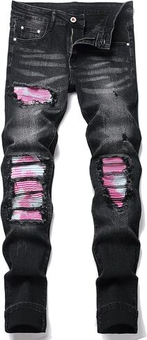 Men's Ripped Patch Elastic Jeans Fashion Slim Fit Regular Denim Pants in Saudi Arabia