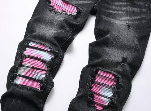 Men's Ripped Patch Elastic Jeans Fashion Slim Fit Regular Denim Pants in Saudi Arabia