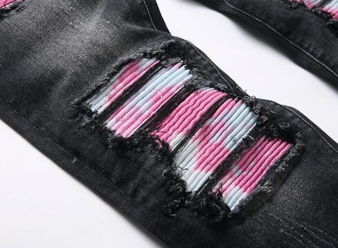 Men's Ripped Patch Elastic Jeans Fashion Slim Fit Regular Denim Pants in Saudi Arabia