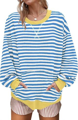 UEU Women Oversized Striped Crewneck Sweatshirt Long Sleeve Color Block Pullover Tops Casual Loose Workout Clothes in Kuwait