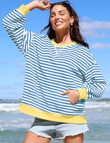 UEU Women Oversized Striped Crewneck Sweatshirt Long Sleeve Color Block Pullover Tops Casual Loose Workout Clothes in Kuwait