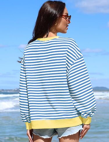 UEU Women Oversized Striped Crewneck Sweatshirt Long Sleeve Color Block Pullover Tops Casual Loose Workout Clothes in Kuwait