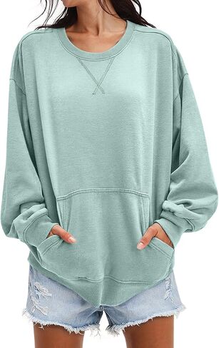 UEU Women Oversized Striped Crewneck Sweatshirt Long Sleeve Color Block Pullover Tops Casual Loose Workout Clothes in Kuwait