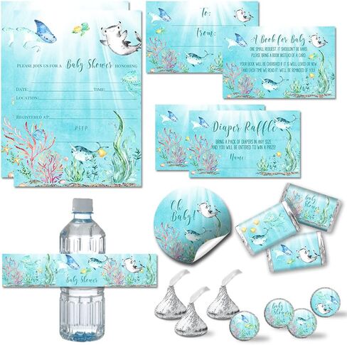 Little Hatchling Cute Sea Turtle Sea Life Baby Shower Party Bundle Includes 20 each of Invitations with Envelopes + 4 Different Sizes of Decorative Stickers, Diaper Tickets & Bring a Book Cards in Saudi Arabia