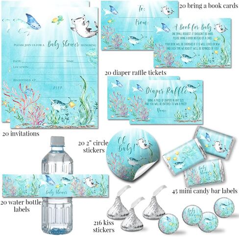 Little Hatchling Cute Sea Turtle Sea Life Baby Shower Party Bundle Includes 20 each of Invitations with Envelopes + 4 Different Sizes of Decorative Stickers, Diaper Tickets & Bring a Book Cards in Saudi Arabia