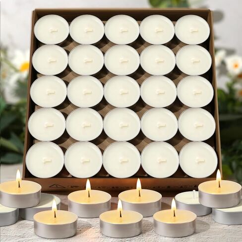 Soy Tea Lights Candles 100 Pack,4 Hours Long Burning-Natural Soy Wax Tealights Candles,Paraffin-Free,Unscented,Clean Burn Tea Lights Votive Candle Bulk for Weddings,Dinner in Saudi Arabia