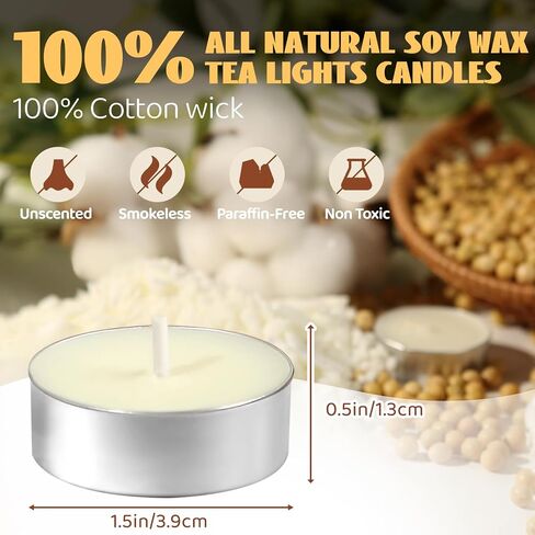 Soy Tea Lights Candles 100 Pack,4 Hours Long Burning-Natural Soy Wax Tealights Candles,Paraffin-Free,Unscented,Clean Burn Tea Lights Votive Candle Bulk for Weddings,Dinner in Saudi Arabia