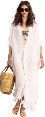 Gottex Womens Beach Life Button Arty Cover Up Kaftan Style Maxi Dress مع الأكمام القصيرة المريحة المريحة السباحة الأساسية in Saudi Arabia