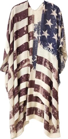 Modena Women's American Flag Print Duster Beach Cover Up Kimono Topper in Kuwait