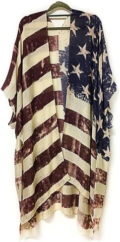 Modena Women's American Flag Print Duster Beach Cover Up Kimono Topper in Kuwait