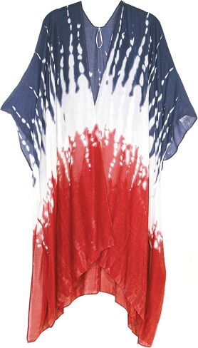 Modena Women's American Flag Print Duster Beach Cover Up Kimono Topper in Kuwait