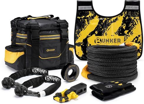 BUNKER INDUST Heavy Duty Recovery Strap Kit, 20'+8' Tow Strap + Winch Line Dampener +Snatch Block +D-Ring Shackles + Gloves +Soft Shackle +Bag,Off Road 4x4 Gear Winch Accessories in Kuwait