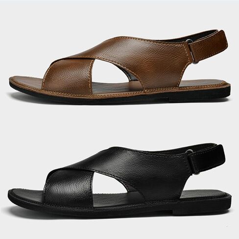 Men's Genuine leather Handmade Strappy Flat Sandals adjustable back Hook and loop open toe Outdoor Sandals Summer Casual vacation beach Sandals in Saudi Arabia