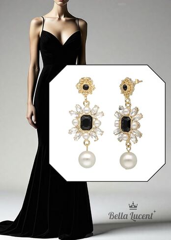 14K Gold Plated Queens, Black Gem with Pearl Antique Chandelier Handmade Earrings Holiday Gift for Women (BlackQueens) in Saudi Arabia