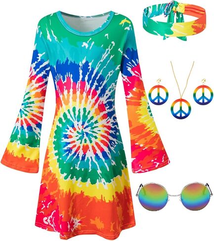 Girls Kids 60s 70s Hippie Costume Dresses Disco Outfits Party Clothes with Necklace Earrings Sunglass in Kuwait