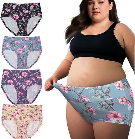 Women’s Plus Size Underwear Panties Briefs 4 Pack Floral Print Plus Size Ladies Panties Briefs for Women Underwear XL to 5XL in Kuwait